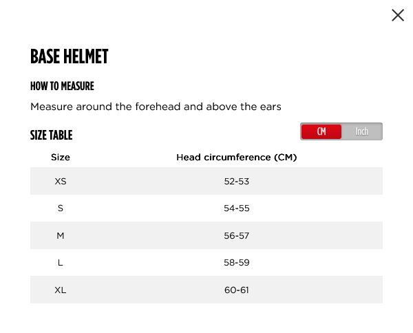 Jobe Helmet 23 0 Størrelsesskema